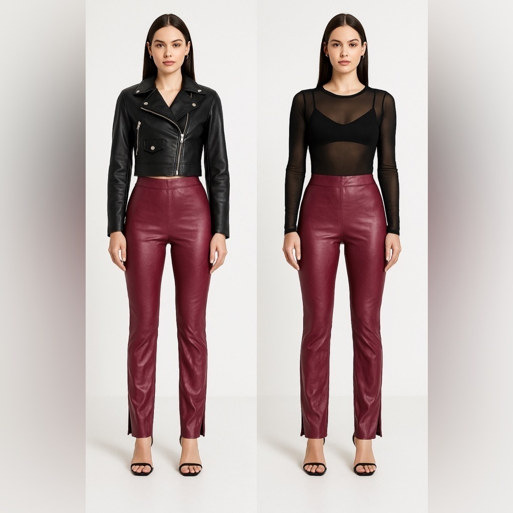 Sbetro Vegan Leather Pants Red S Slit Hem Rock Moto Biker Grunge Goth Edgy 24x30